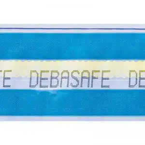 DEBATAPE Plus Close-up of DEBATAPE Plus: blue security seal with black print on blue carrier film.