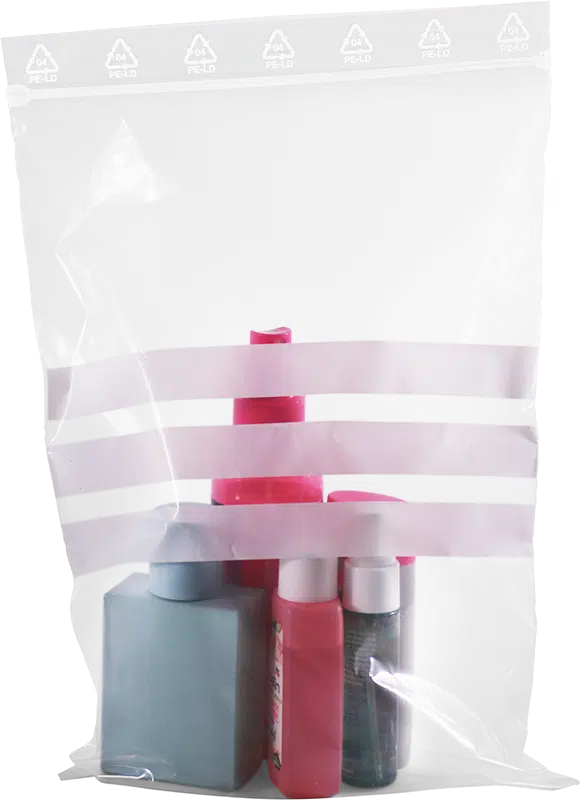 Transparent DEBAGRIP® PCR zip-lock bag with recycled cosmetic products and white labeling fields by Debatin.