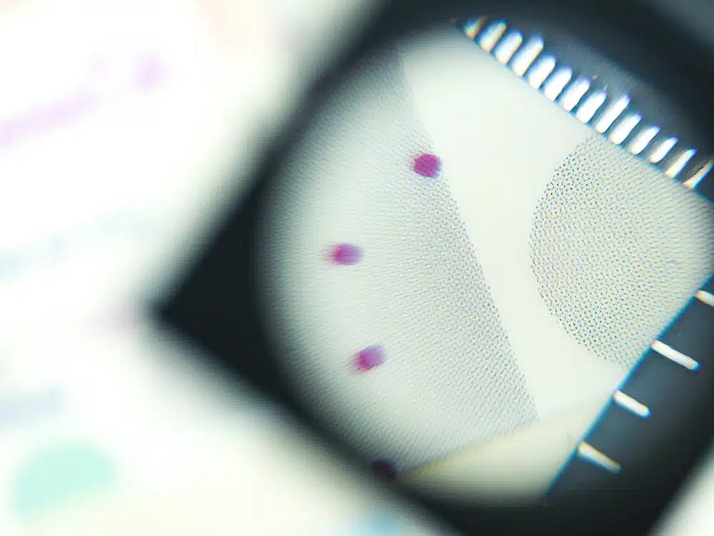 IMG_0109 Close-up of a DEBATIN print product created using the DEBAPRINT flexographic printing process. Shown as viewed through a magnifying glass, four purple coloured dots on a transparent surface are clearly visible. The magnification emphasises the high precision of the CMYK grid and the excellent print quality.