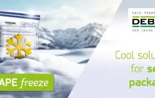 Header: DEBATAPE freeze security bag with snowflake symbol in front of a wintry mountain landscape. Blog about "Cool solutions for secure packaging."