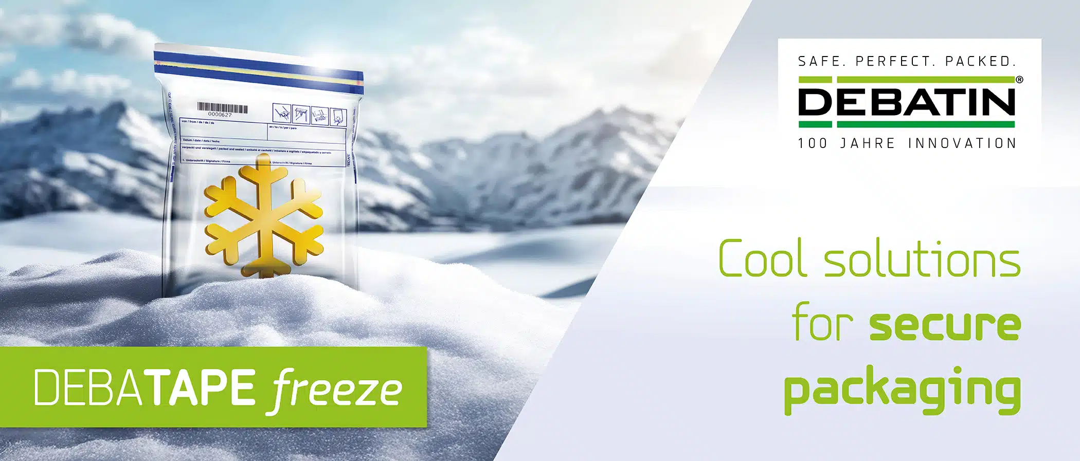 Header: DEBATAPE freeze security bag with snowflake symbol in front of a wintry mountain landscape. Blog about "Cool solutions for secure packaging."