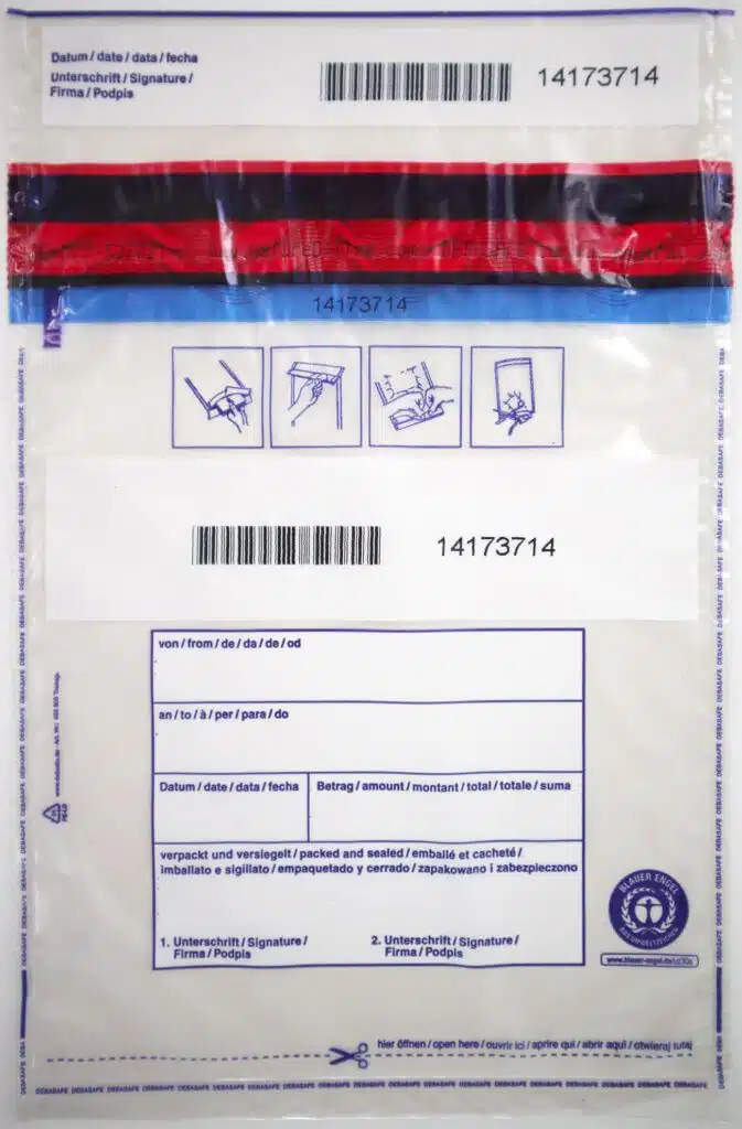 DEBASAFE® security bag with tamper-evident seal closure. The transparent bag features fields for barcodes, date, amount, sender and recipient, as well as illustrated instructions for secure sealing. The bag is specifically designed for the safe transport of cash and valuables.
