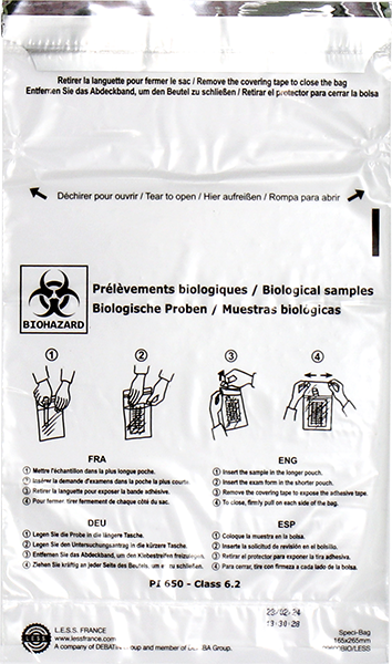 DEBAMED® Speci-Bag – Transparent waterproof bag with biohazard symbol and four-language instructions (FR, EN, DE, ES) for the safe packaging and transport of biological samples, compliant with PI 650, Class 6.2. Suitable for hospital use or as external secondary packaging for UN3373 samples.