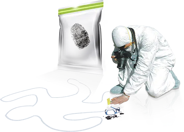 Visual of the DEBASAFE Forensics product line: Depiction of tamper-evident bags for forensic use, with icons representing security, traceability, and integrity