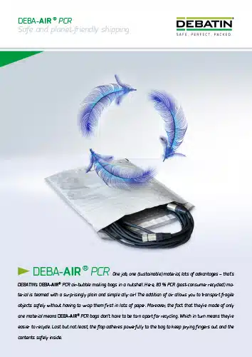 Marketing flyer for DEBATIN's DEBA-AIR® PCR mailing bag. The visual shows a lightweight, silver-colored mailing bag with blue cables inside, accompanied by floating blue feathers to emphasize the product’s lightness. Text highlights that the bag is made from 80% post-consumer recycled material and allows for safe, easy, and eco-friendly shipping.