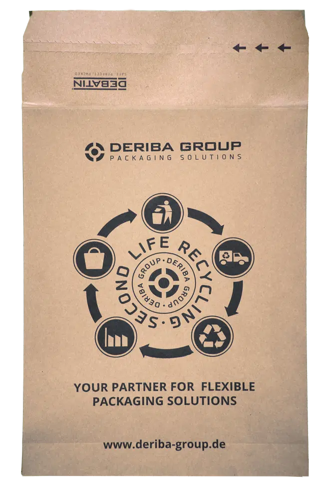 Paper shipping bag from the DEBAPOST® Paper Second life series by Debatin featuring the "Second Life Recycling" logo of the DERIBA GROUP, illustrating the packaging lifecycle from use to reuse as a bio-waste bag by Debatin.