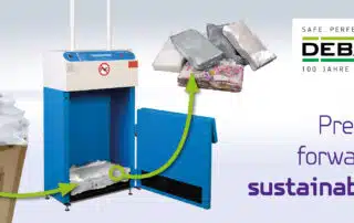 Main image for a Debatin blog item. The picture shows a recycling baler, which processes used bags into compact bales. On the left is a cardboard box full of bags and on the right the compacted plastic bales. Slogan: ‘Pressing forward on sustainability’.