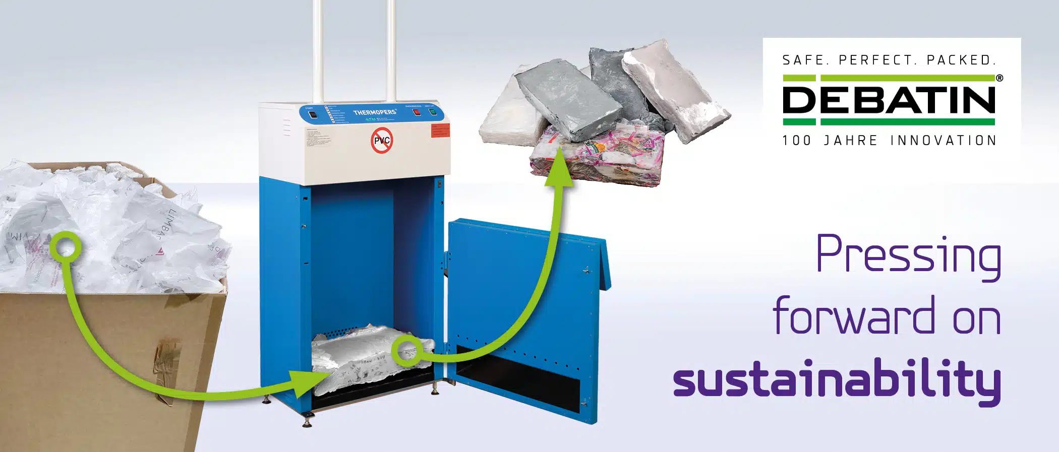 Main image for a Debatin blog item. The picture shows a recycling baler, which processes used bags into compact bales. On the left is a cardboard box full of bags and on the right the compacted plastic bales. Slogan: ‘Pressing forward on sustainability’.