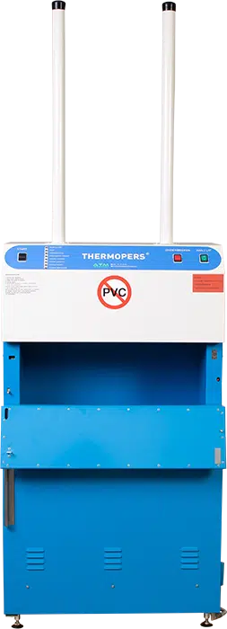 Debatin Presse Kunststoffbeutel offen A thermal baler shown from the front, with open hopper, ready for plastic waste to be loaded for baling and thermal melting.