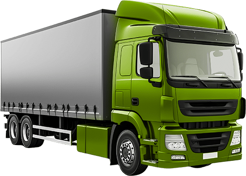 A green lorry with a grey curtain-sided trailer, viewed from the front at an angle. This image represents the collection of filled boxes by a logistics company for transportation to a recycling centre.