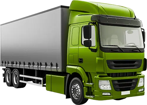 LKW_DEBATIN A green lorry with a grey curtain-sided trailer, viewed from the front at an angle. This image represents the collection of filled boxes by a logistics company for transportation to a recycling centre.