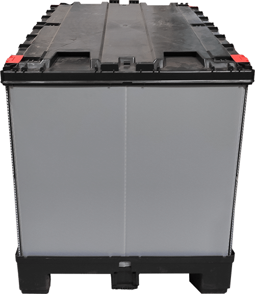 A grey folding reusable box with a black lid and base, standing on a pallet. These boxes are provided by DEBATIN, and can be used for efficient collection and stacking of materials such as the mailing bags used for sample transportation, prior to recycling.