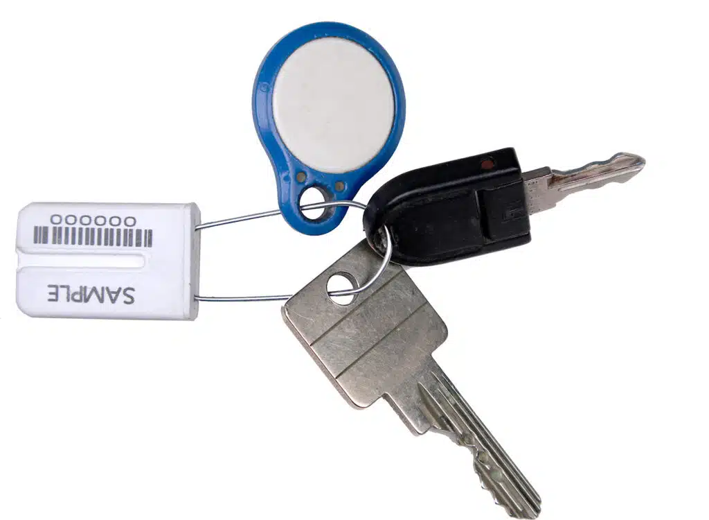 Keyring with white DEBASEAL® key seal, two keys, and a blue RFID tag against a white background.