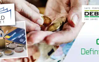 Hands of an elderly person counting coins over banknotes, alongside a padlock on coins and credit cards. Featuring the logos of “Bargeld zählt! e. V.” and DEBATIN, with the slogan “Cash? Definitely!”