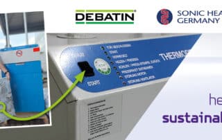 A person is presenting a compacted recycled bale next to the DEBATIN recycling baler. Text: “Press here for sustainability”