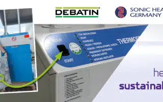 A person is presenting a compacted recycled bale next to the DEBATIN recycling baler. Text: “Press here for sustainability”