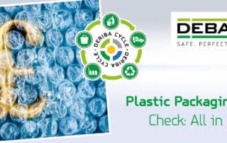 Blog header with bubble wrap and a golden pound symbol, alongside the DEBATIN logo, a diagram of the Deriba Cycle recycling loop, and the text “Plastic Packaging Tax – Green light: All in order!”