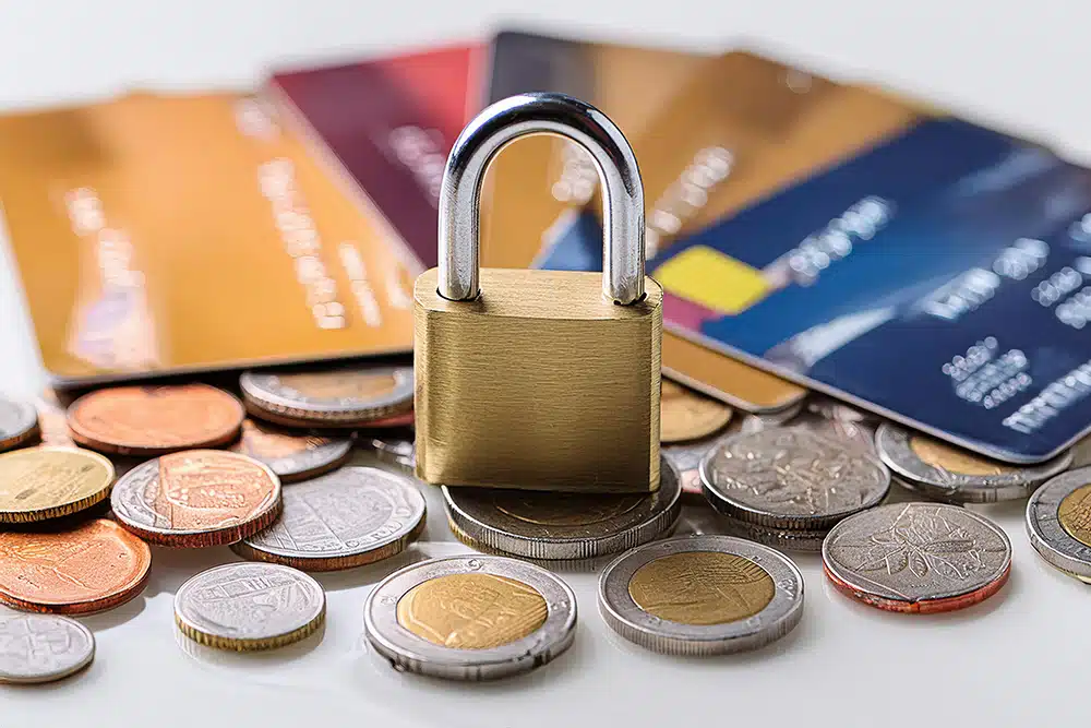A padlock placed on cash and credit cards – symbolising payment security and data protection.