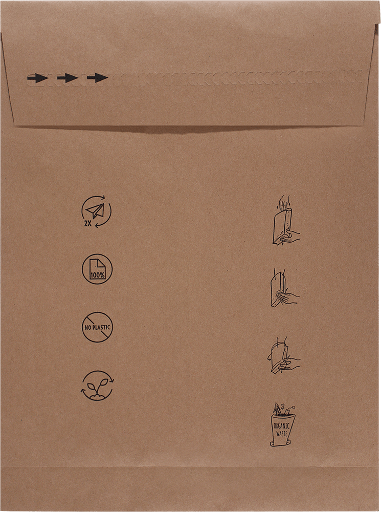 Brown DEBAPOST® Paper Second life mailing bag made from recycled paper, with a tear strip and black symbols showing use and disposal.