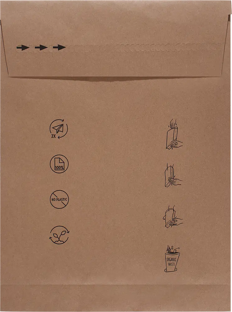 Brown DEBAPOST® Paper Second life mailing bag made from recycled paper, with a tear strip and black symbols showing use and disposal.